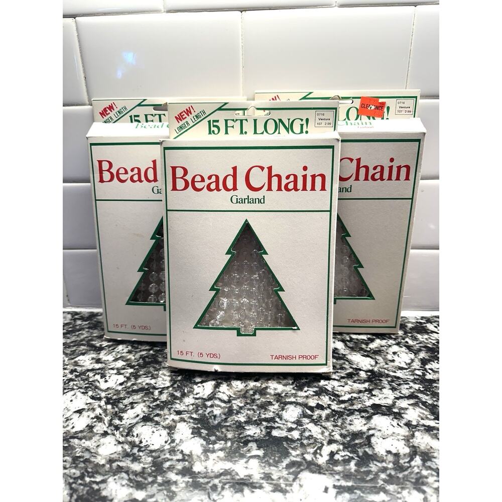 Lot of 3 Vintage Venture Trim-a-Tree Clear Bead Chain Garland 15 Feet Each NOS